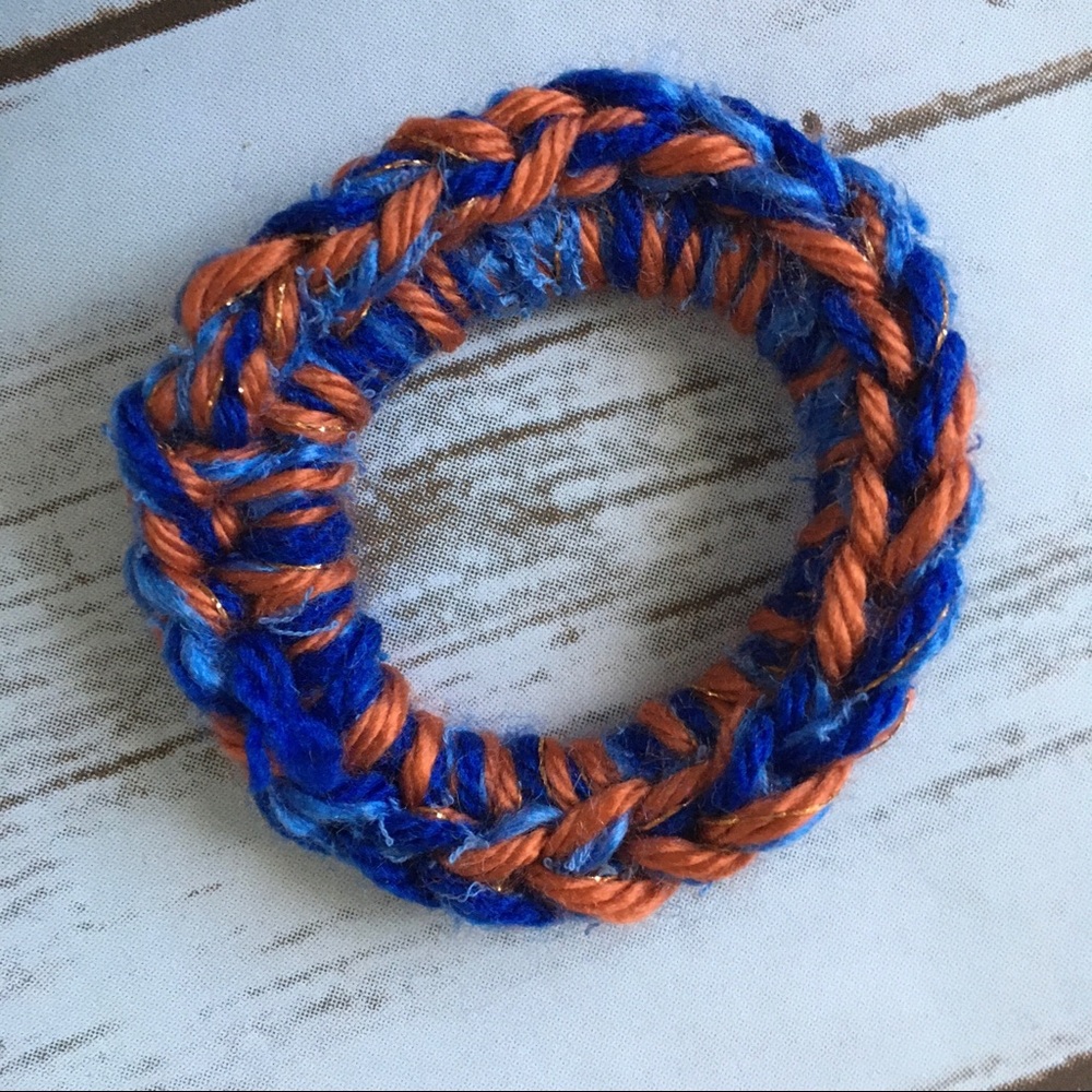 Textured, mixed yarn, hand made scrunchie.